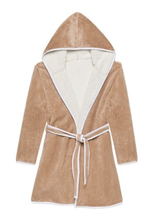 Kapuzenumhang aus beigem Plüschstoff mit weißen Akzenten, ausgestattet mit einem weichen, flauschigen Innenfutter, langen Ärmeln und einem Bindegürtel.