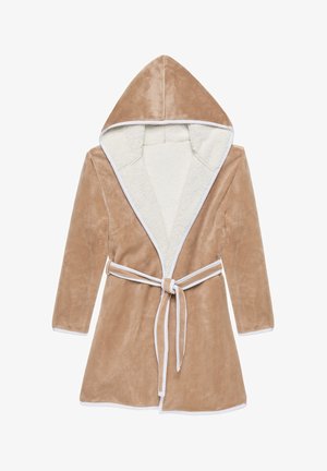 Hedvábný plášť v béžovém plyšovém materiálu s bílými lemy, vybavený měkkou, nadýchanou vnitřní podšívkou, dlouhými rukávy a vázáním v pase.