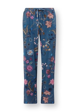 Blaues, mit Blumenmuster bedrucktes Stoffhosen mit einem bequemen elastischen Bund. Beinhaltet verschiedene gestickte Blumenmuster in Pink, Lila und Gelb.