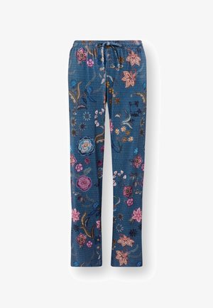 Bloemendessins, blauwe stoffen broek met een comfortabele elastische tailleband. Kenmerkt verschillende geborduurde bloemenpatronen in roze, paars en geel.
