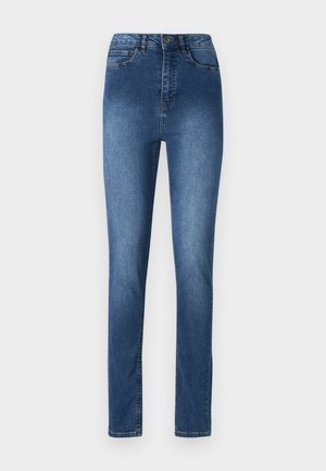 Blå denim jeans med slim fit, der har en mellemhøj talje, fem lommer og diskrete syninger. Glat tekstur og klassisk design.
