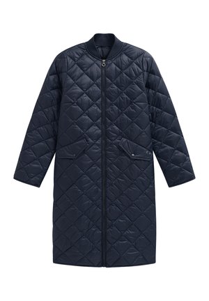 Gestepptem marineblauer Langmantel mit Reißverschluss, geribbtem Kragen und zwei Fronttaschen. Mit Rautenmuster und glatter, glänzender Gewebeoberfläche.