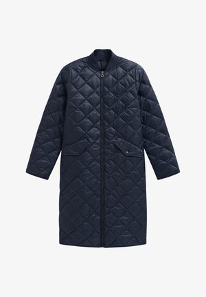 Gestepptem marineblauer Langmantel mit Reißverschluss, geribbtem Kragen und zwei Fronttaschen. Mit Rautenmuster und glatter, glänzender Gewebeoberfläche.