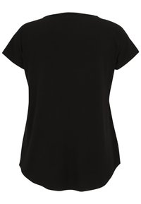Black short-sleeve top made of soft material. Features a round neckline and a slightly curved hem at the bottom. Simple design, no patterns.