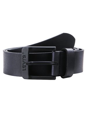Black leather belt with a rectangular buckle. Features a smooth texture and stitched detailing. Logo embossed on the buckle.