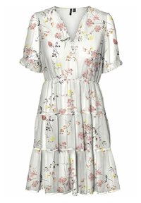 Robe en tissu blanc avec imprimé floral rose et jaune, encolure en V, manches courtes retroussées et ourlet à volants superposés. Tissu léger, texture lisse.