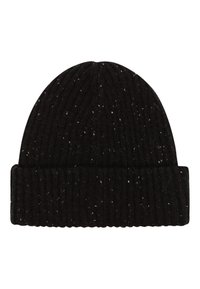 Bonnet en tricot côtelé noir avec un revers, présentant des taches blanches tout au long. Texture douce avec une forme de sommet arrondi.