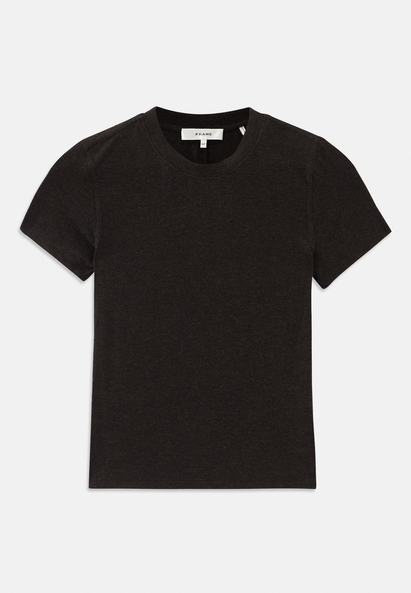 Black short-sleeve ribbed knit t-shirt with round neckline and visible brand label at the collar.