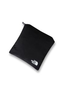 Pochette carrée noire avec fermeture éclair, avec le logo The North Face en blanc dans un coin.