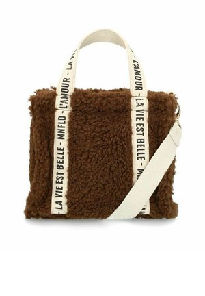 Brown faux fur handbag with dual top handles and a detachable shoulder strap. Features contrasting white text on the straps. Rectangular shape.