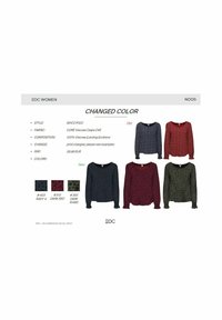 Trois blouses à manches longues présentées en bleu marine, rouge foncé et kaki foncé avec motifs imprimés. Le texte indique le tissu, le prix et les codes couleur.