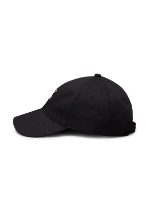 Casquette noire avec une visière incurvée, texture en tissu, sangle ajustable à l'arrière et un design brodé discret à l'avant.