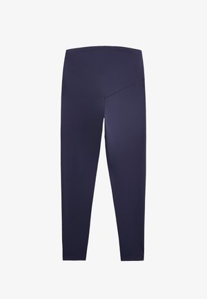 Marineblauwe high-waisted leggings van een soepele, rekbare stof. Kenmerkt zich door een naadloos ontwerp met een subtiel V-vormig patroon op de rug.