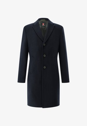 Dunkelblauer Herrenmantel in Marineblau, einreihig mit drei Knöpfen, mit Kerbkragen, zwei Seitentaschen und einem glatten Innenfutter.