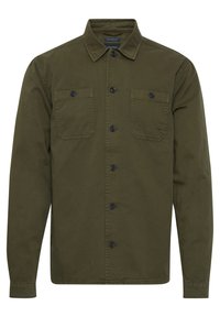 Olive green long-sleeve shirt with a button-up front, two chest pockets, a spread collar, and black button closures. Smooth cotton fabric.