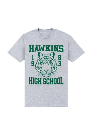 Graues Baumwoll-T-Shirt mit grünem Motiv, das einen Tigerkopf und den Text "HAWKINS 1983 HIGH SCHOOL" in fetter Typografie zeigt.