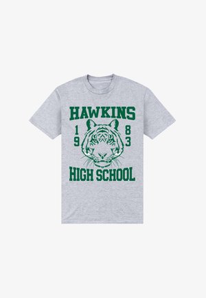 Graues Baumwoll-T-Shirt mit grünem Motiv, das einen Tigerkopf und den Text "HAWKINS 1983 HIGH SCHOOL" in fetter Typografie zeigt.
