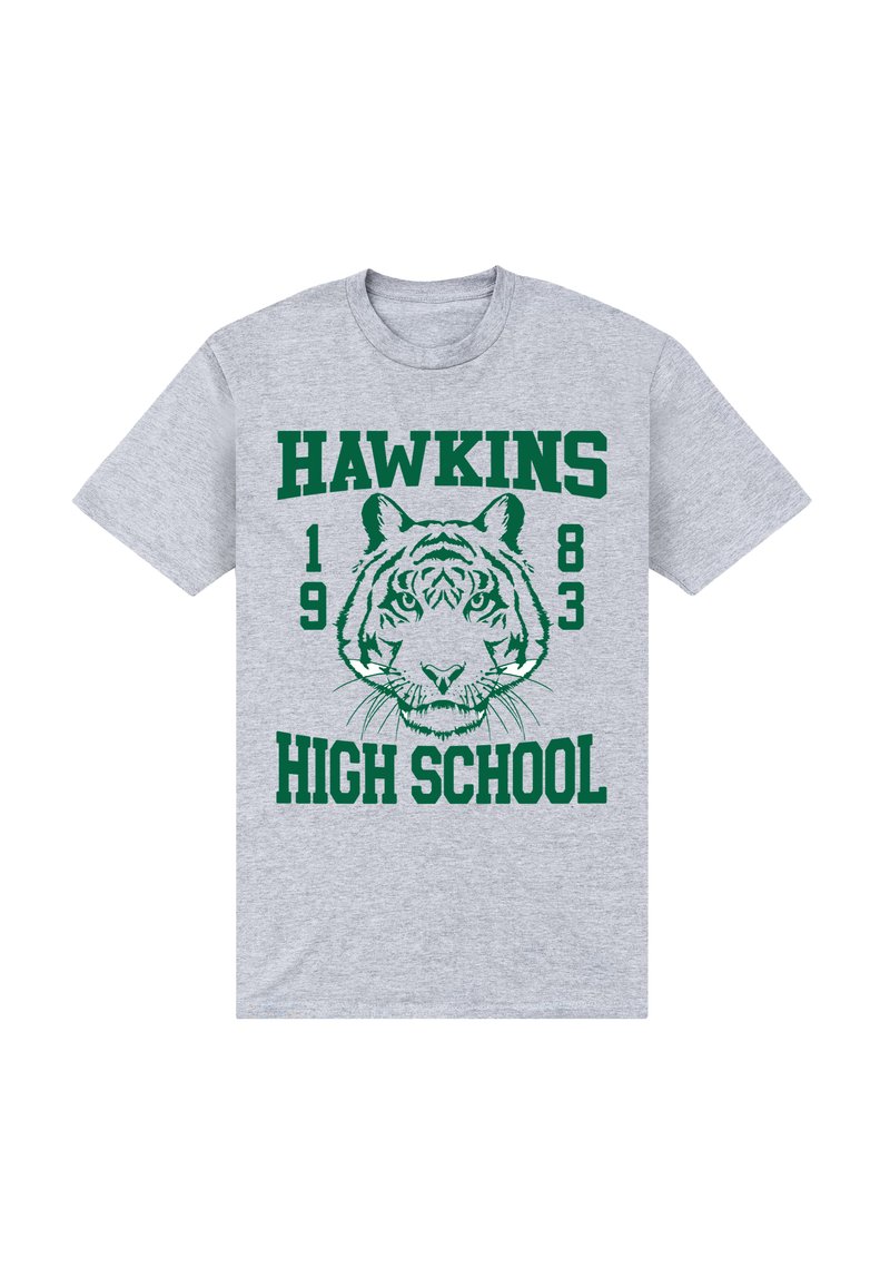 Szary bawełniany t-shirt z zielonym nadrukiem przedstawiającym głowę tygrysa oraz napisem "HAWKINS 1983 HIGH SCHOOL" w pogrubionej typografii.