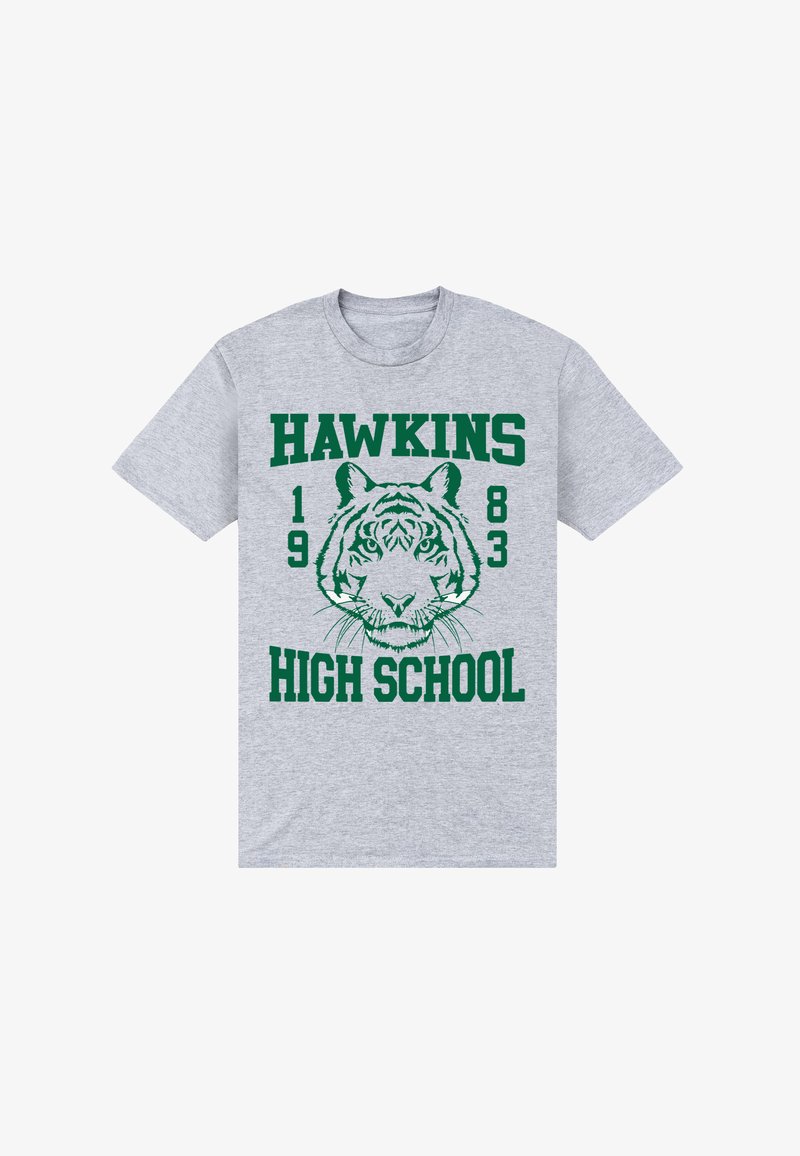 Szary bawełniany t-shirt z zielonym nadrukiem przedstawiającym głowę tygrysa oraz napisem "HAWKINS 1983 HIGH SCHOOL" w pogrubionej typografii.