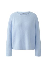 Hellblauer, langärmeliger, weicher, flauschiger Strickpullover mit gerippten Bündchen, Saum und rundem Halsausschnitt.