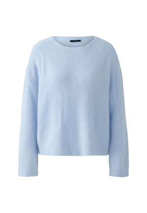 Light blue, long-sleeve, soft fuzzy knit sweater with ribbed cuffs, hem, and round neckline.