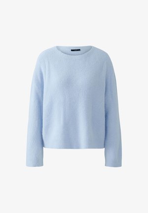 Light blue, long-sleeve, soft fuzzy knit sweater with ribbed cuffs, hem, and round neckline.