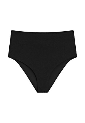 Bas de bikini noir taille haute avec une texture lisse et une couverture complète, présenté sur fond blanc.
