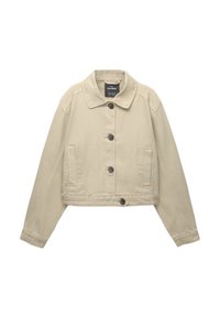 Giubbotto in denim beige con colletto, chiusura frontale con bottoni, due tasche laterali e design cropped. Presenta bottoni scuri e cuciture minime.