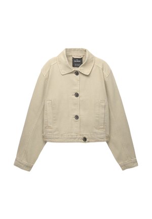 Bežna denim jakna s ovratnikom, sprednjim gumbom, dvema stranskima žepoma in skrajšano zasnovo. Ima temne gumbe in minimalno šivanje.