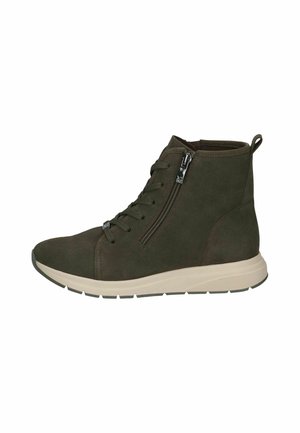 Donkergroene enkelhoge sneakerboot met veters aan de voorkant, zijrits, trekstukje en witte rubberen zool.