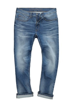 Blaue Jeans aus Denim mit ausgebleichten Stellen, Vordertaschen, Knopf- und Reißverschluss sowie umgeschlagenen Bündchen.
