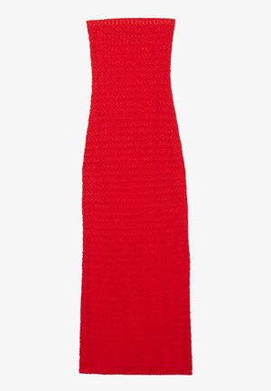 Sarkans adīts bezplecu kleita, pieguļošs siluets, ar struktūru tekstūru, grīdas garuma dizains ar vienkāršu, nevainojamu konstrukciju.