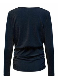 Pitkähiha, tiukasti istuva paita tummansinisenä, jossa on hienovarainen kiilto. Omaavat gathered-yksityiskohdan vyötäröllä ja sileän pinnan. Ei näkyvää metalliosaa.