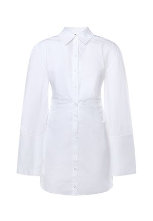 Witte overhemdjurk met lange mouwen, brede manchetten, knoopsluiting aan de voorkant en een puntige kraag, met een getailleerd ontwerp.