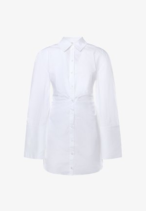 Witte overhemdjurk met lange mouwen, brede manchetten, knoopsluiting aan de voorkant en een puntige kraag, met een getailleerd ontwerp.