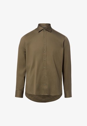 Camicia verde oliva a maniche lunghe con bottoni, collo a punta e orlo arrotondato, mostrata su sfondo bianco.