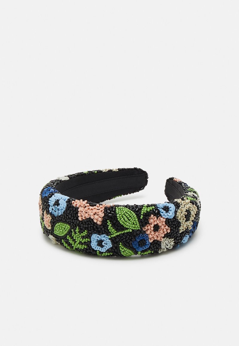 Schwarzes Perlenkopfband mit floralen Mustern in Blau, Pink und Grün, einer strukturierten Oberfläche und einem glatten Innenfutter.