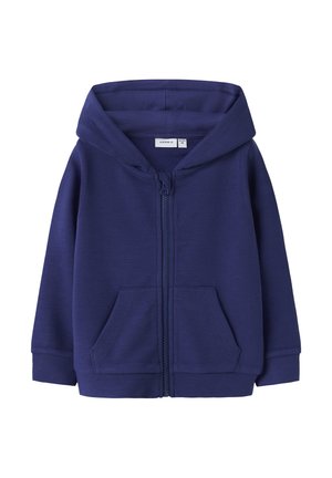 Marineblauer Reißverschluss-Hoodie aus geripptem Material, mit einem vorderen Reißverschluss, zwei Seitentaschen und einer gefütterten Kapuze.