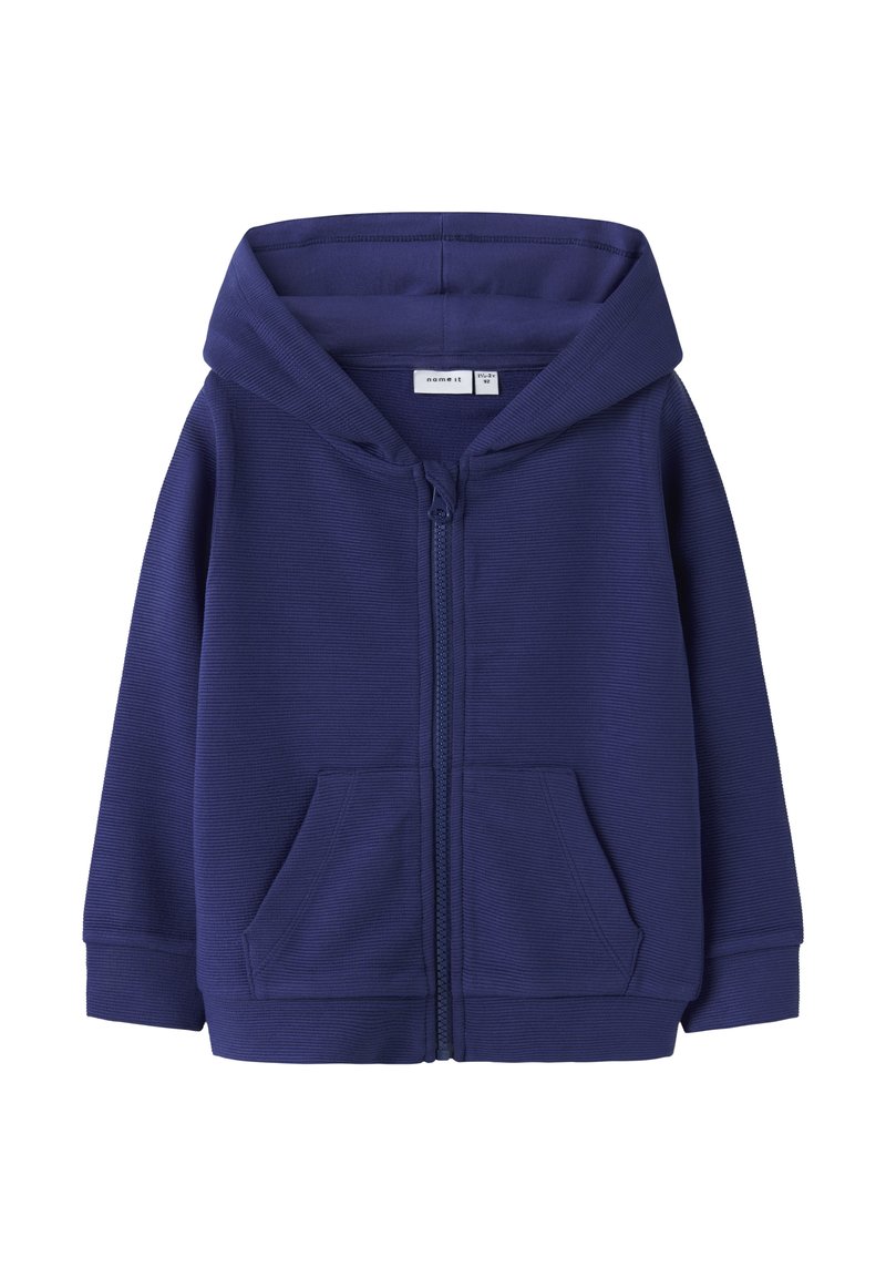 Marineblauer Reißverschluss-Hoodie aus geripptem Material, mit einem vorderen Reißverschluss, zwei Seitentaschen und einer gefütterten Kapuze.