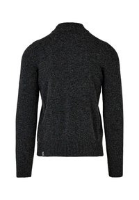 Ciemnoszary sweter z dzianiny z prążkowanym kołnierzem, mankietami i dołem. Tył ma gładką fakturę i prosty, bezszwowy design.