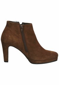 Bottines en suède marron avec une silhouette courbée, détail de fermeture éclair sur le côté et un talon haut. Texture lisse et design à bout rond.