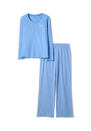 Hellblaues Langarmshirt mit dem Text "Bonjour ma chérie" und passende hellblaue Hose mit weißen Streifen und kleinem Blumenmuster, mit Rüschen am Rand.