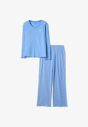 Haut à manches longues bleu clair avec le texte "Bonjour ma chérie" et pantalon assorti bleu clair avec des rayures blanches et un petit motif floral, bords volantés.