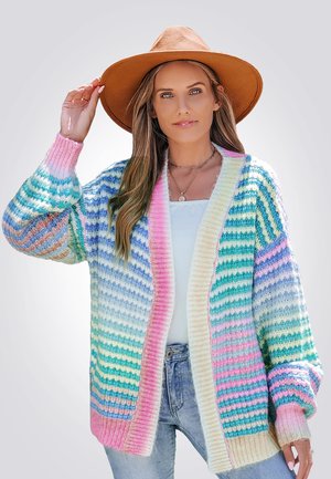 Cardigan lavorato a maglia con strisce verticali in colori pastello, caratterizzato da un ampio davanti aperto, polsini a coste e una vestibilità rilassata.