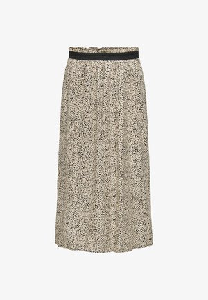 Beez midi-seelik mustrilise musta loomade trükiga, elastse vöökohtaga ja voolava A-laini siluetiga.