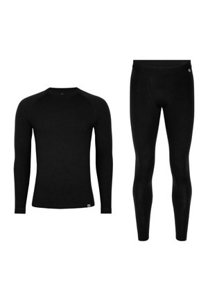 Maglietta termica nera a maniche lunghe e leggings, realizzati in un materiale leggero e elasticizzato. Presenta un collo rotondo e un design aderente.