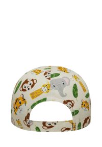 Kinderkappe aus Stoff mit einem hellbeigen Hintergrund und bunten Tiermustern, darunter Affen, Tiger, Elefanten und Blätter.