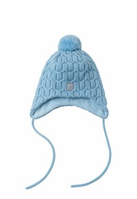 Cappello a maglia blu chiaro con un pompon sulla cima, orecchie e lacci. Presenta un motivo testurizzato e una morbida fodera interna.