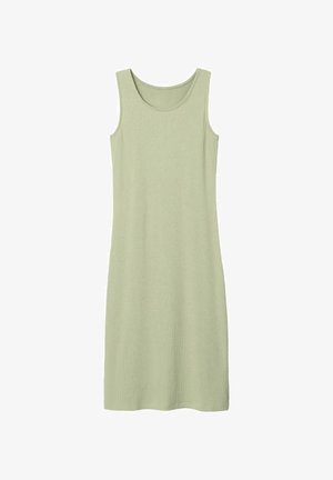 Ribade, ilma varrukatega kleit helesinisest. Omab ümarat kaela ja kehasse sobivat disaini. Valmistatud pehmest, venivast kangast.