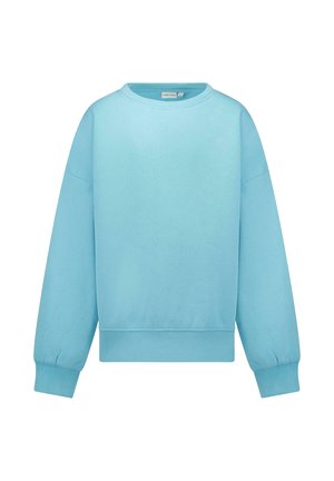 Lichtblauwe sweater gemaakt van zachte, gestructureerde stof, met een ronde hals, verlaagde schouders en geribbelde manchetten en zoom.